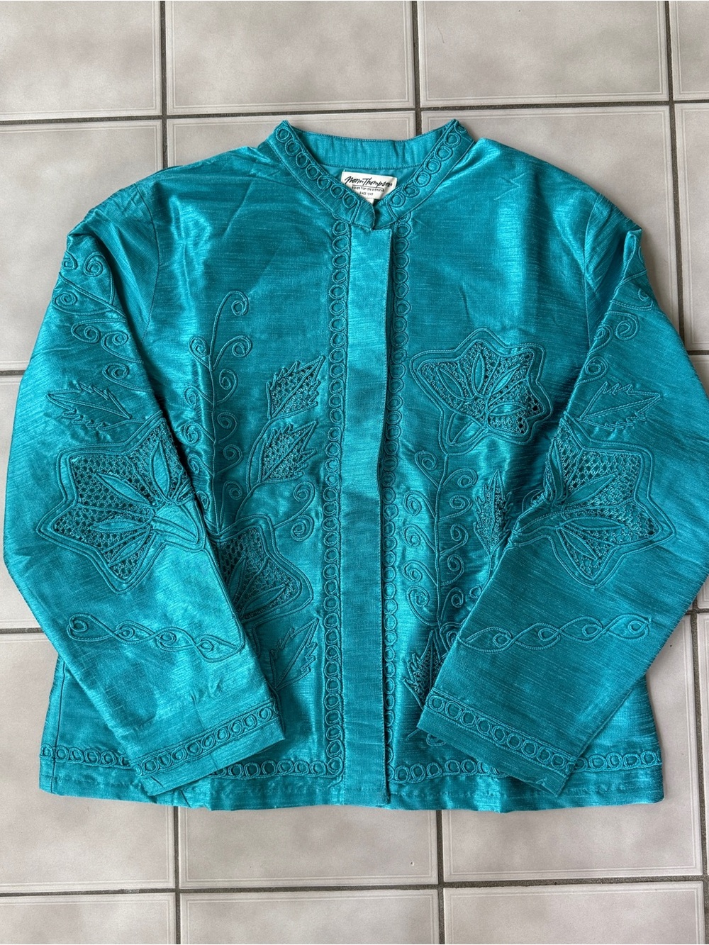 Vintage Norm Thompson Teal Turquoise Embroidered Mandarin Collar Jacket L NWT